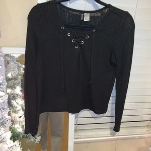 Black Lace Up Long Sleeve Shirt